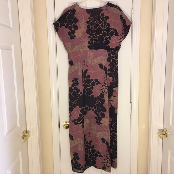 Tess dress 100% Silk Black Mauve Tan VNeck Short Sleeve Lined Maxi Dress Size 10 - Picture 5 of 8